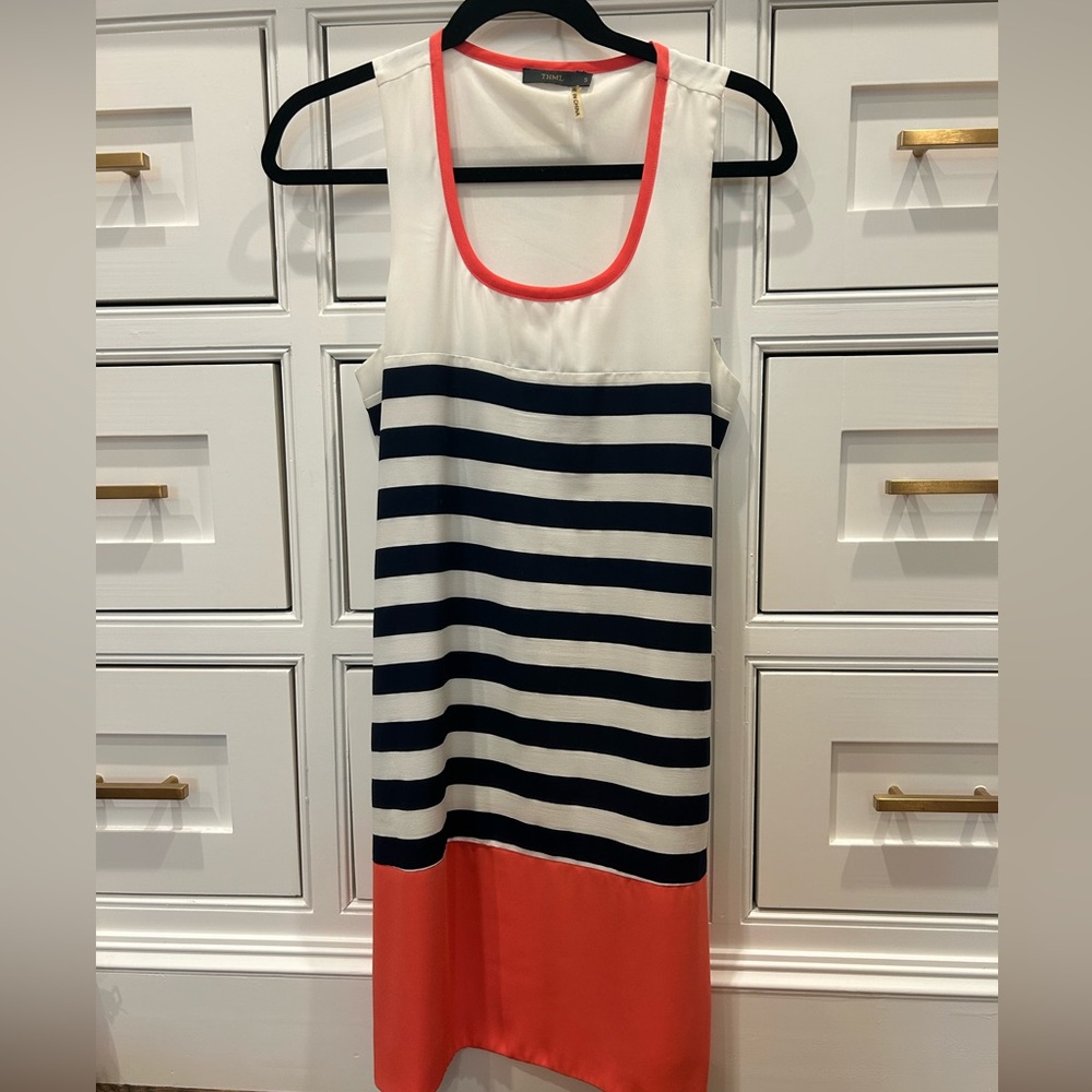 THML - racerback dress - navy and white striped with coral